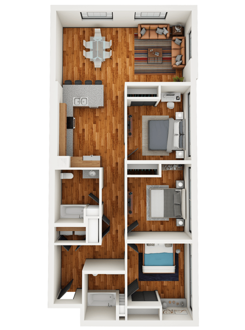 Floor plan for 3 beds, 2 baths, 1316 sqft